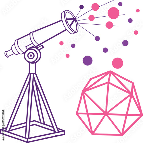 Discovering new ideas and possibilities through scientific observation and innovative exploration with a telescope and geometric shapes.