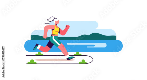 Woman Runs Energetically During Sunny Day With Stylized Landscape Silhouette
