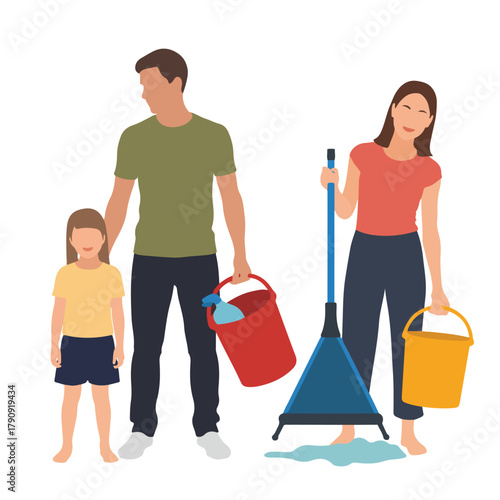 Family cleaning house together