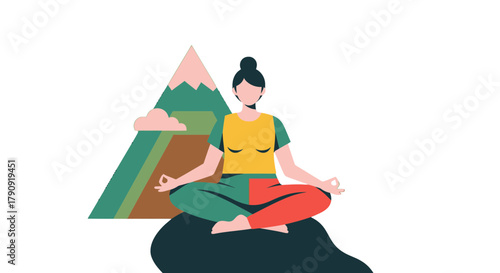 Zen Woman Meditating in Nature Enjoying Stillness and Peace, Spiritual Illustration