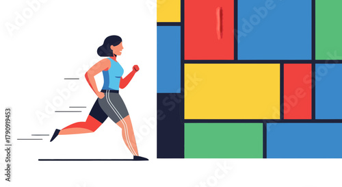 Woman Runs Energetically Next To Geometric Color Blocks In Vector Style Illustration