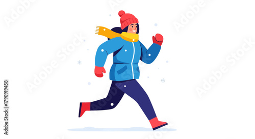 Woman Runs Energetically Through Falling Snow Wearing Winter Clothes with a Black Background