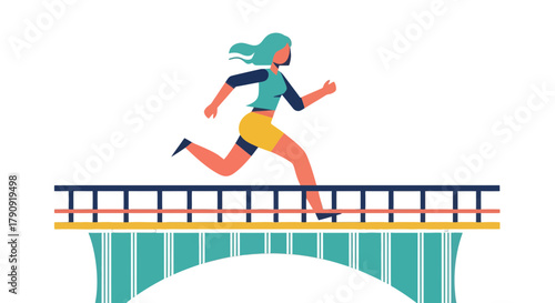 Woman Runs Over Bridge Against Black Background Showing Energy And Movement