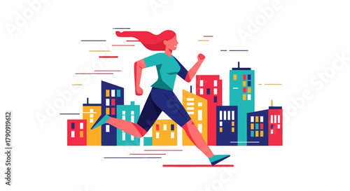 Woman Runs Through Urban Landscape Representing Fitness Goal And Healthy Lifestyle