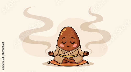 Zen-Like Potato Cartoon Meditating Comfortably Releasing Smoke And Finding Inner Peace