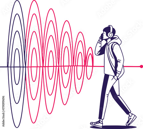 Modern artist experiencing vibrant sound waves through headphones, showcasing creative inspiration and auditory exploration in a dynamic visual style.