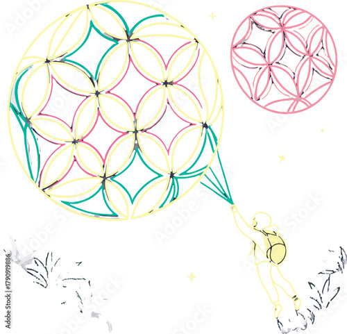 Joyful adventurer discovers vibrant geometric patterns in a whimsical, abstract world, sparking imagination and wonder