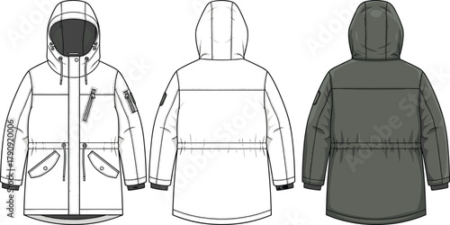 Technical Flat Sketch of Hooded Parka Jacket with Chest Zipper Pocket