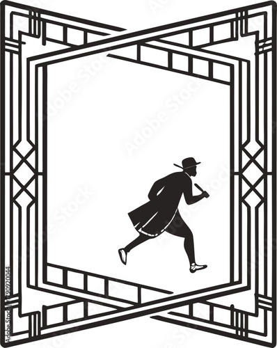 Dynamic silhouette of a man in a trench coat and fedora running through an abstract geometric frame, embodying movement and urgency.