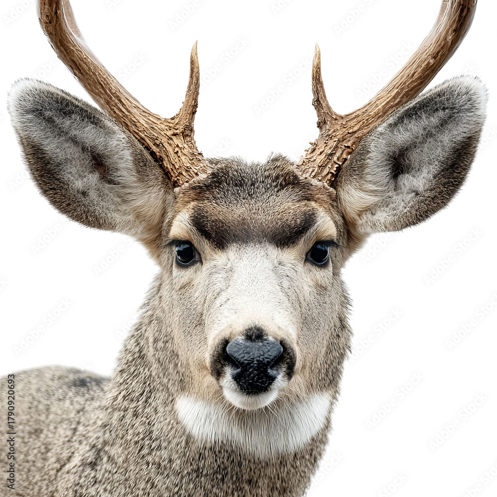 Obraz premium Png of closeup of a mule deer head isolated on transparent background, showcasing its antlers and detailed fur pattern