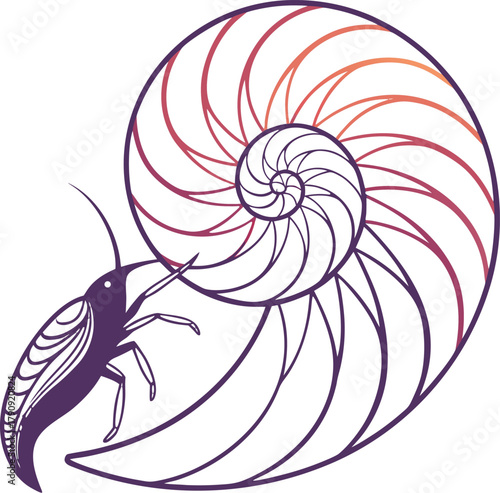 Elegant nautilus shell spiral meets whimsical insect silhouette, symbolizing nature's intricate design and organic growth