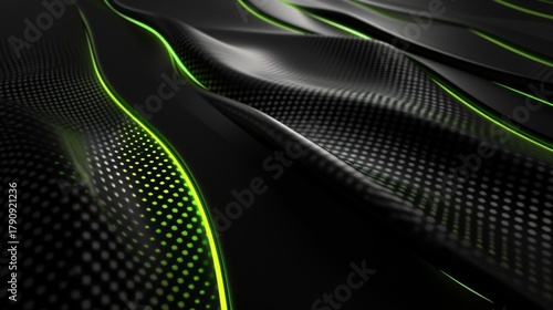 Abstract background with a wavy carbon fiber texture. Futuristic high-tech surface with glowing green neon lines and dots. Modern technology and automotive design concept