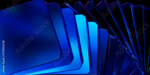 abstract shiny blue metalic cuboid shapes arranged nicely against black black background
