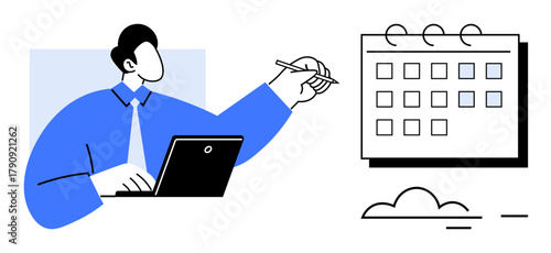 Person working on a laptop marking dates on a calendar. Ideal for productivity, time management, task organization, corporate planning, goal setting, workflow optimization, simple flat metaphor
