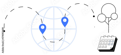 Globe with two location pins connected by dotted lines, a tree symbol, and a calendar. Ideal for themes of travel planning, logistics, sustainability, global connectivity, tourism, event scheduling