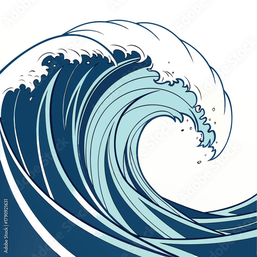 Dynamic ocean wave crashes with powerful blue water and white foam, symbolizing nature's might and serene beauty.