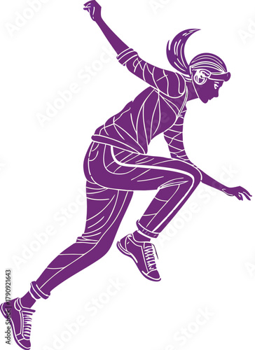 Dynamic woman in motion, capturing athletic energy and modern style with a clean, bold graphic aesthetic for active lifestyle branding