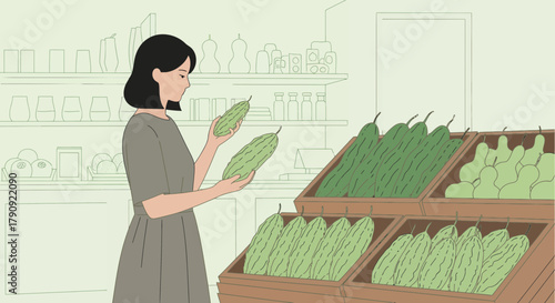 Woman Evaluating Bitter Melon Produce At The Fresh Market Shopping Area to Buy Fresh Herbs