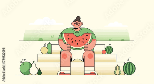 Woman Enjoying Watermelon in a Minimalist Illustrated Scene with Various Fruits