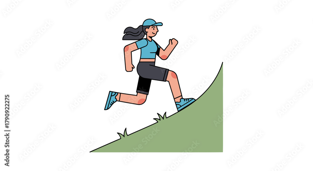 Fototapeta premium Woman Exercising While Running Up A Hill Against A Black Background