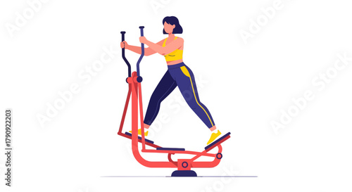 Woman Exercising on Elliptical Machine Depicted in Stylized Vector Graphics