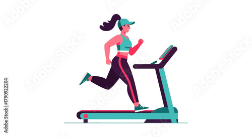 Woman Exercising On The Treadmill With A Vibrant Flat Illustration Style