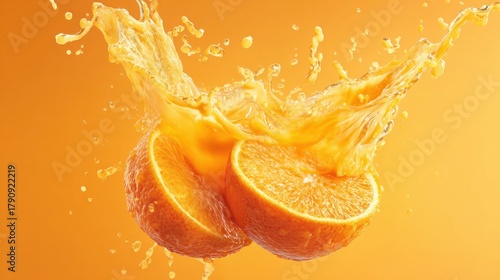 Two juicy orange halves create a splash of fresh juice in a lively burst of color. The bright orange backdrop enhances the refreshing nature of the scene, ideal for fruit lovers.