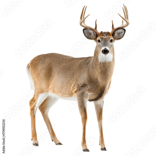 Png of majestic whitetailed deer buck standing tall, isolated on transparent background, showcasing its impressive antlers and graceful posture