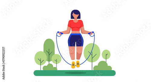 Woman Exercising with a Jump Rope in a Park Setting, Simple Vector Style