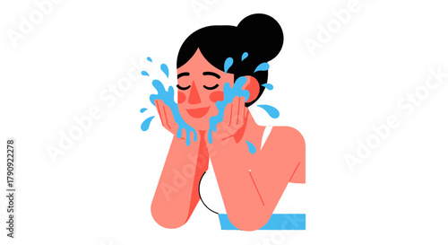 Woman Cleansing Her Face With Water, Showing Fresh and Radiant Skin in Illustration