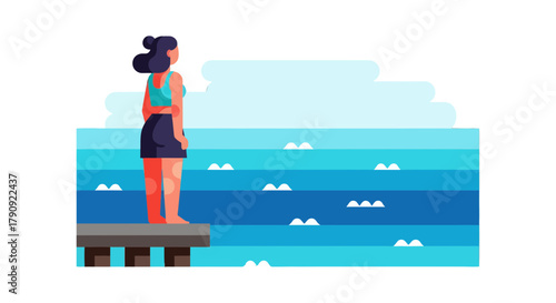 Woman Contemplating Near the Ocean, Digital Artwork of Summer Vacation and Contemplation Time