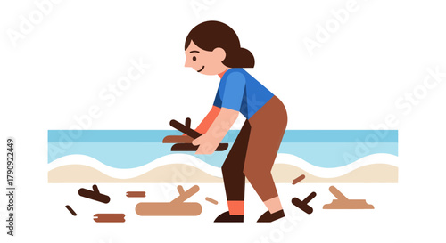 Woman Gathering Wooden Pieces From a Beachy Shoreline Silhouette Against Black Background