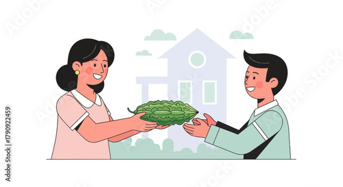 Woman Greeting and Giving a Gourd Fruit to a Smiling Young Man in Front of the House