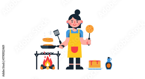 Woman Cook Pancakes With a Spatula and Pancake Turner, Delicious Food Illustration.
