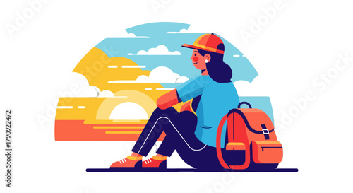 Woman Contemplating Sunset: A Vibrant Digital Illustration in Striking Artistic Style