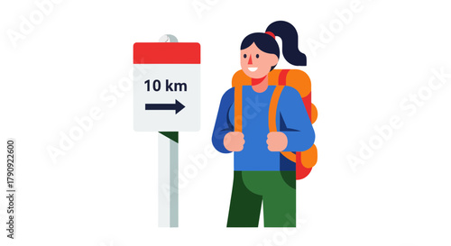 Woman Hiker Near Sign Indicating Distance, A Symbol Of Journey And Travel