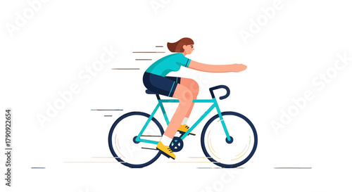 Woman Cycling With Speed, Illustrative Digital Design, Flat Style, Isolated Black Background