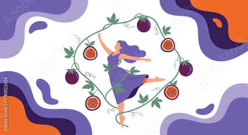 Woman Dancing With Passion Fruits in a Decorative Circle, Artistic Modern Illustration