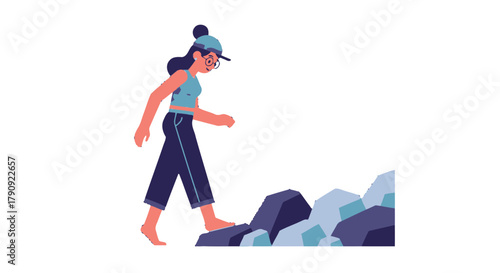 Woman Hiking Across Rocks With A Black Background Is A Great Illustration