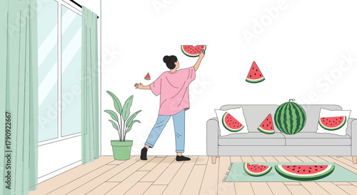 Woman Decorating A Room With Watermelons In A Modern Abstract Artistic Illustration