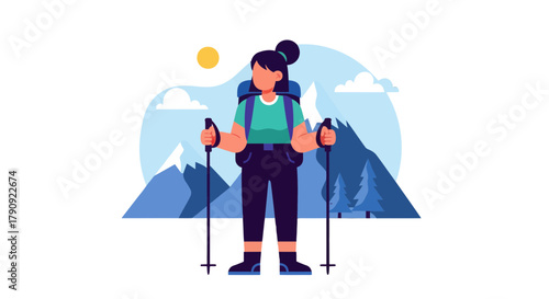 Woman Hiker Standing With Trekking Poles and Backpack Under Bright Sun and Snowy Mountains
