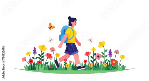 Woman Hiking Through A Floral Meadow In A Vibrant Colored And Simplified Artwork