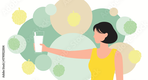 Woman Holding a Glass, Surrounded by Fruits, in a Modern Illustration Style