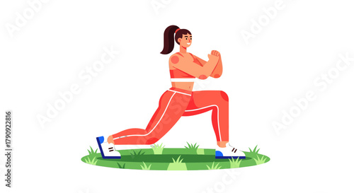 Woman Doing Lunges On The Grass, Workout And Fitness Concept, Illustration With Color