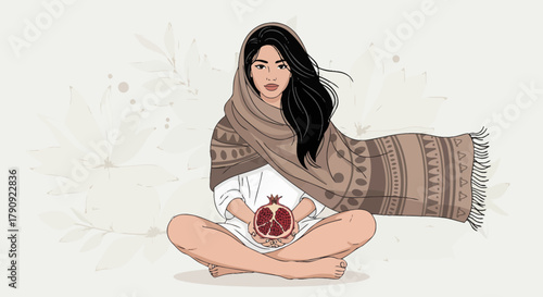 Woman Holding a Pomegranate, Illustration of Serenity with a Detailed Scarf on a White Background