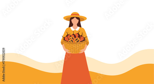 Woman Holding Basket Of Fruits And Wearing Hat In Farm Harvest Scene Vector Illustration