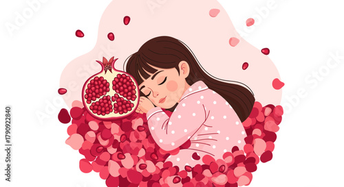 Woman Dreaming Amidst Pomegranate Petals, A Tranquil Scene Of Restful Slumber