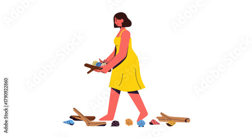 Woman Embarking On Seaside Journey While Carrying Shells On Black Background
