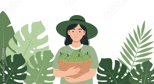 Woman Holding Basket Of Tropical Fruit Surrounded By Lush Greenery And Leaves