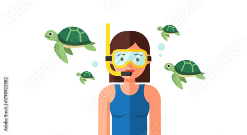 Woman Dreaming Of Swimming With Turtles During A Dive Against Black Background